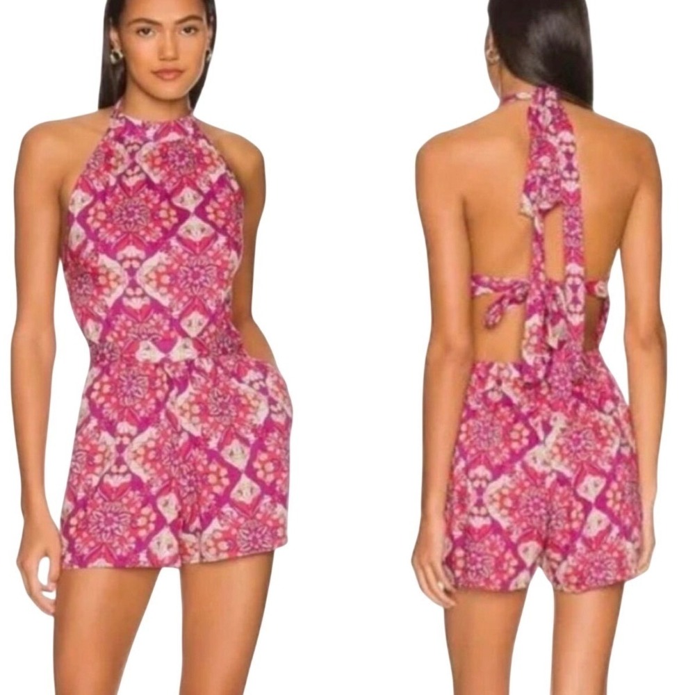 Free People Romper Womens XS Pink Purple Boho‎ Halter Tie Open Back Coral Tides